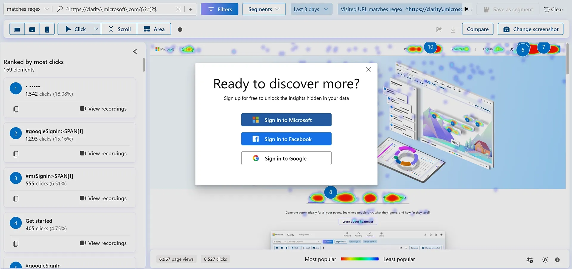 Esimerkki Microsoft Clarityn heatmap-sovelluksesta.