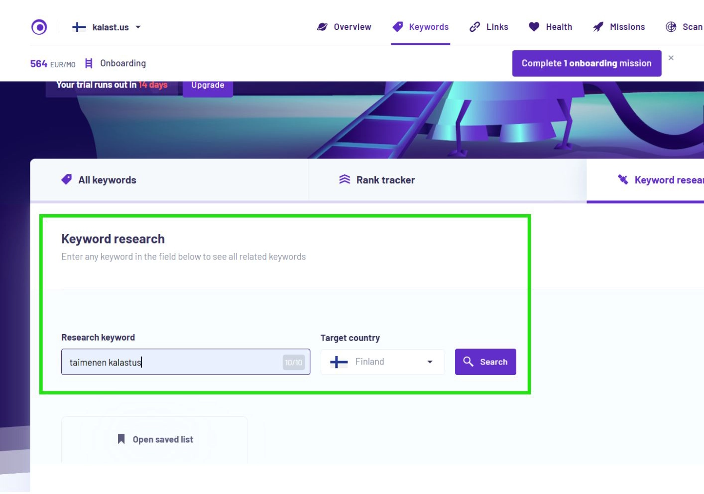 Dashboard-näkymä Morning Score -avainsanatyökalusta.