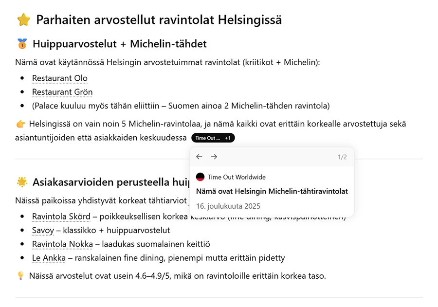 Esimerkki ChatGPT:n suosituksesta, jossa se käyttää lähteenä Time Outia. Kuva: ChatGPT