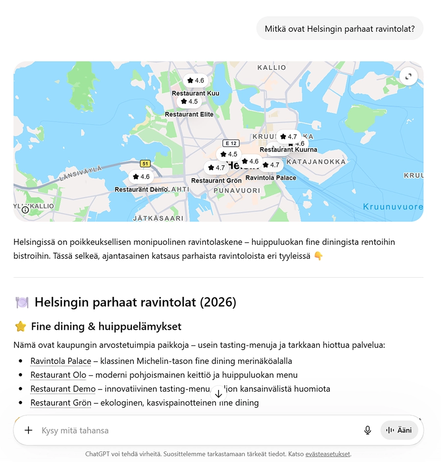 Esimerkki ChatGPT:n suosituksesta, kun kysytään Helsingin parhaita ravintoloita. Kuva: ChatGPT
