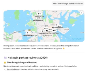 Helsingin parhaat ravintolat ChatGPT:n mukaan. Kuva: ChatGPT