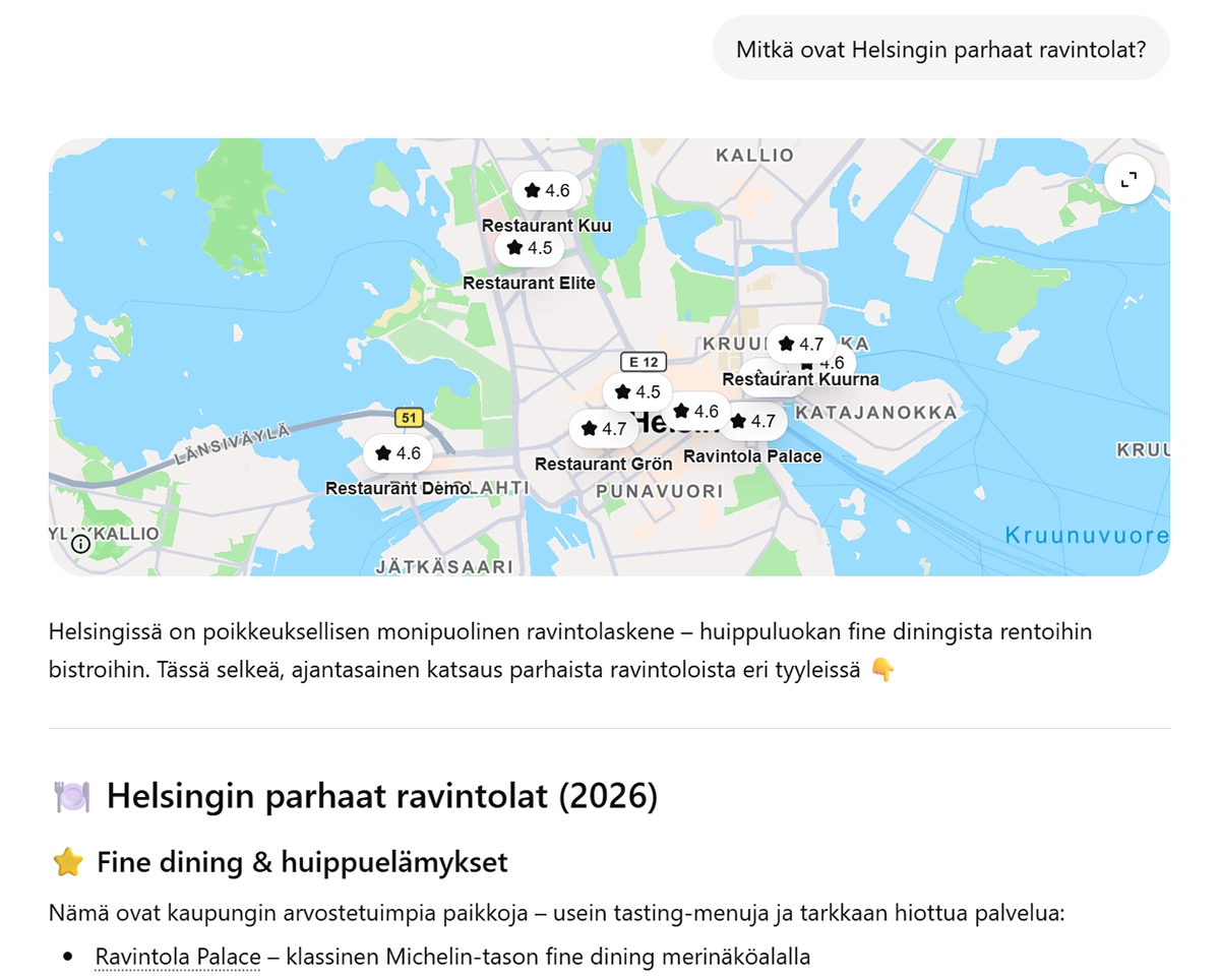Helsingin parhaat ravintolat ChatGPT:n mukaan. Kuva: ChatGPT